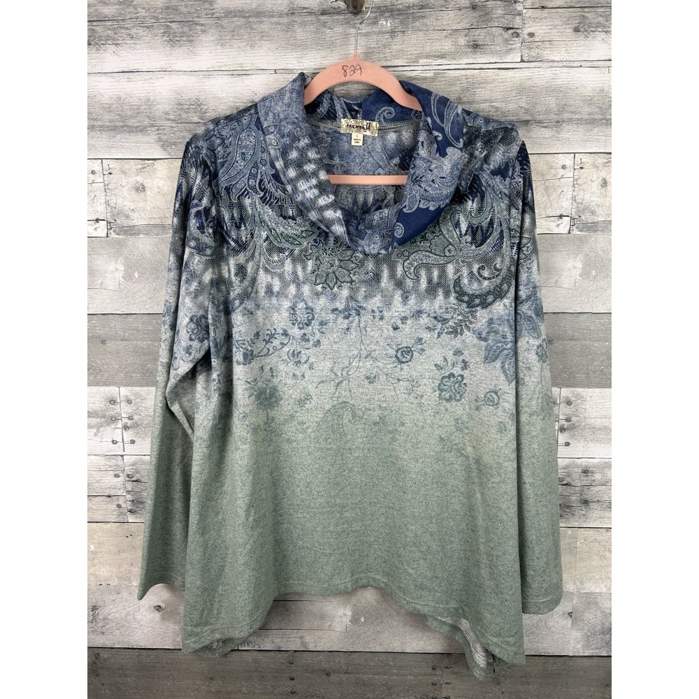 One World Womens Large Paisley Blue Green Oversized Mock Neck Light Sweater